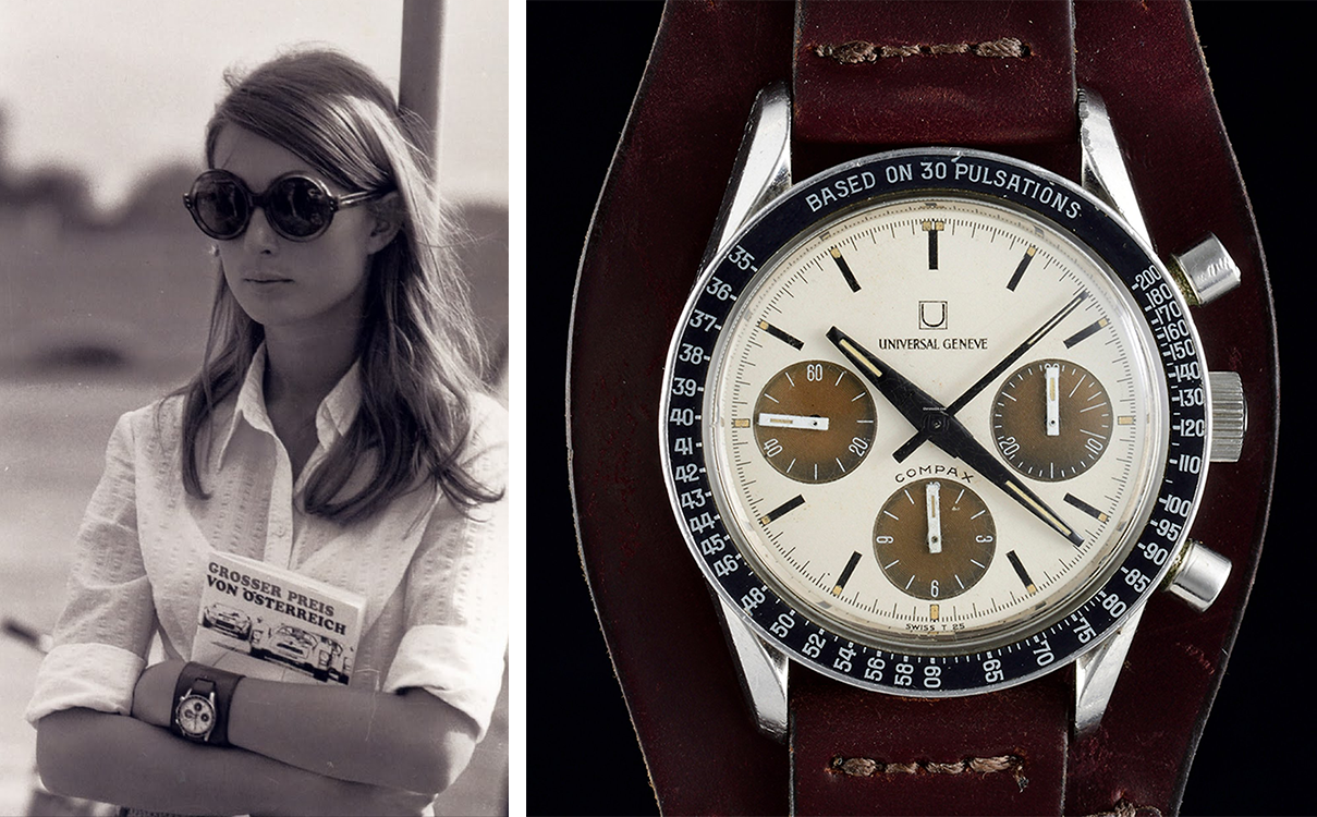 Left - Nina Rindt with the Universal Geneve Compax on her wrist; Right - A tropical dial Compax, on sale at the time of writing (source: Chrono24).