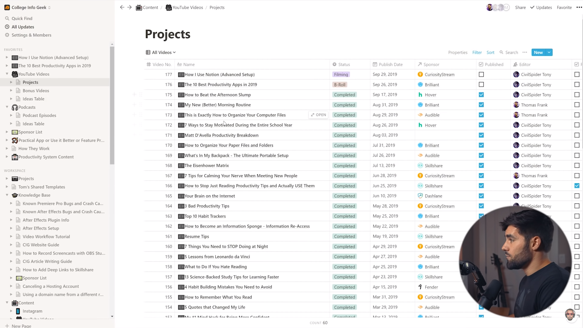 A screenshot taken from Thomas Frank's video on how he runs the entirety of College Info Geek from Notion (source: YouTube).