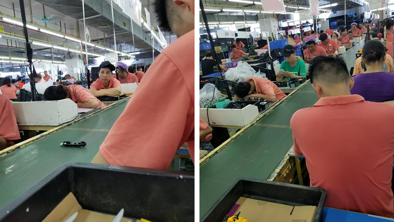 A Chinese factory worker falling asleep on the production line (source: China Labor Watch).