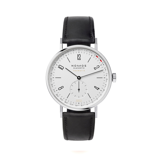 180 NOMOS Glashütte Tangente Neomatik 41 - the number between the two red markers shows the date; an innovative solution that suits the Bauhaus styling