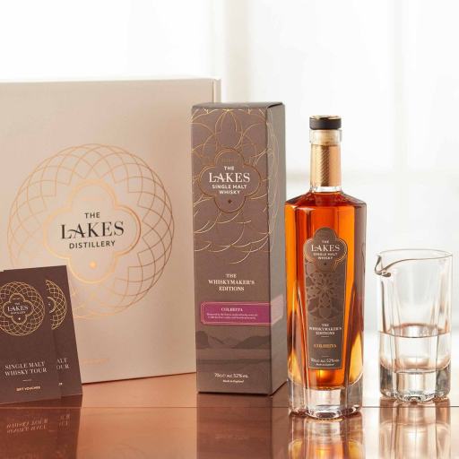 A sumptuous bottle, complementary water jug, and a fascinating distillery tour experience rolled into one! The Lakes Distillery, Whisky Hamper. £100.